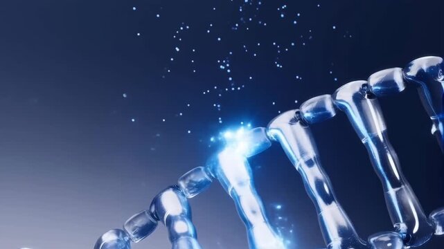 DNA double helix structure with glowing blue genetic material and spiral strands featuring molecule, biology, genetics with biotechnology and strand