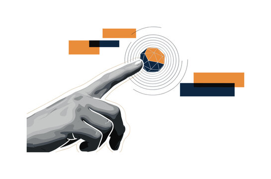 A monochrome close-up of fingertips almost touching a floating geometric sphere, circular ripple shapes radiating outward symbolizing aspiration, rectangular