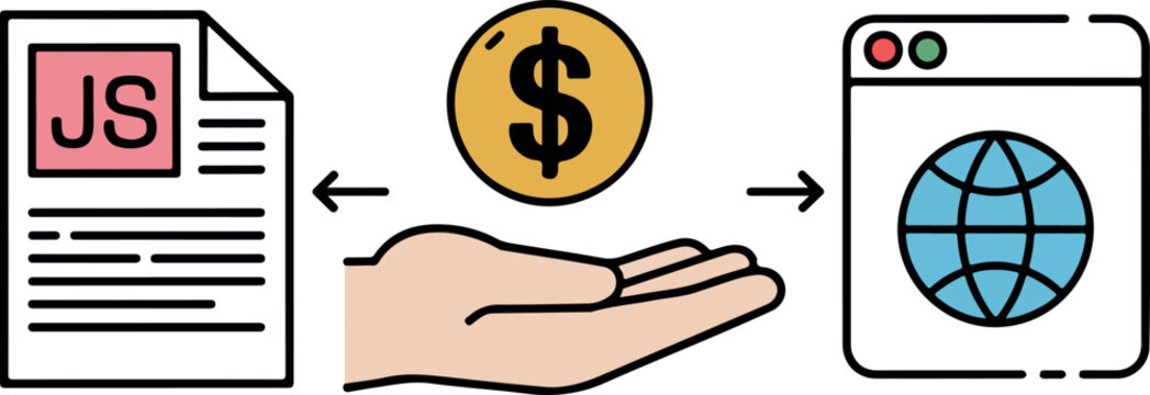 JavaScript file payment icon set with hand holding dollar coin, web browser symbols, online business, technology, flat vector illustration collection