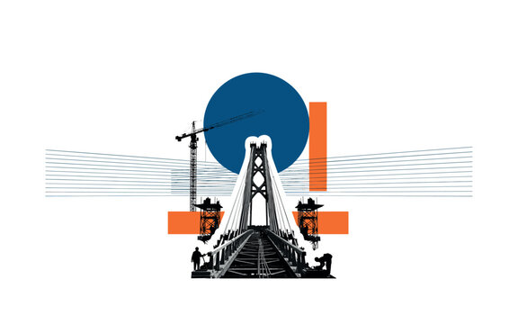 Black and white image of a bridge under construction with silhouetted workers, oversized deep blue circle hovering above as symbolic future, thin parallel