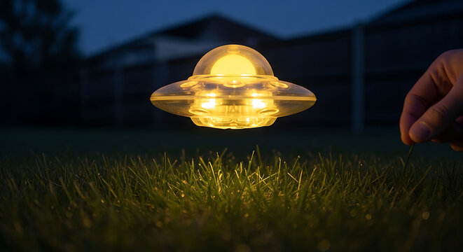 a glowing ufo toy hovers mysteriously above dewy grass in a dark garden at dusk evoking wonder and sci-fi themes.