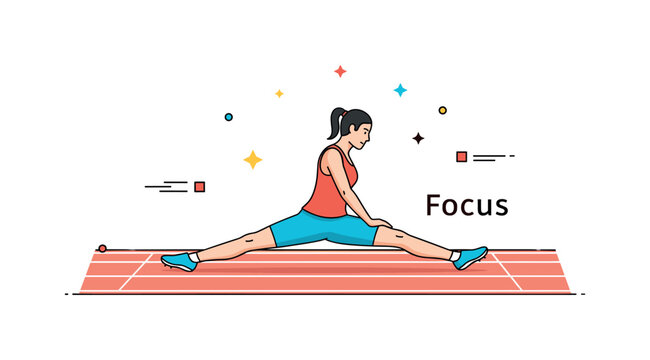 Track athlete flexibility training showing a quad stretch pose with upright confident posture. Minimal track lane detail, subtle star accents and a ?Focus?