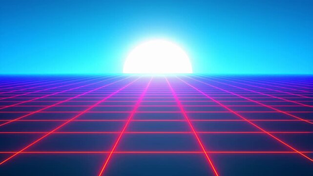 Sunset neon grid with blue lines and bright white sun featuring retro, futuristic, 80s with 90s and cyberpunk elements for synthwave, vaporwave