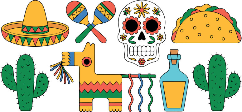 Mexican culture icons set, vector illustration of traditional food, sugar skull, cactus, pi&ntilde;ata, and fiesta celebration elements