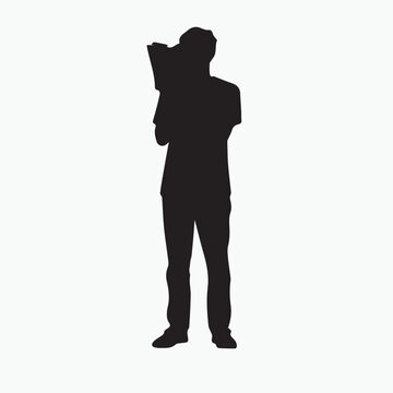 Black silhouette vector illustration of a young businessman in a suit standing and walking with a gun