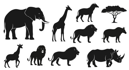 Obraz premium African Wildlife Silhouette Collection: Elephant, Giraffe, Lion, Rhino & Acacia Tree