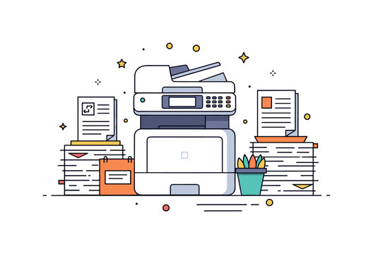 Multi-function office printer and copier with scanning and copying functions visible, surrounded by neatly stacked papers, emphasizing convenience