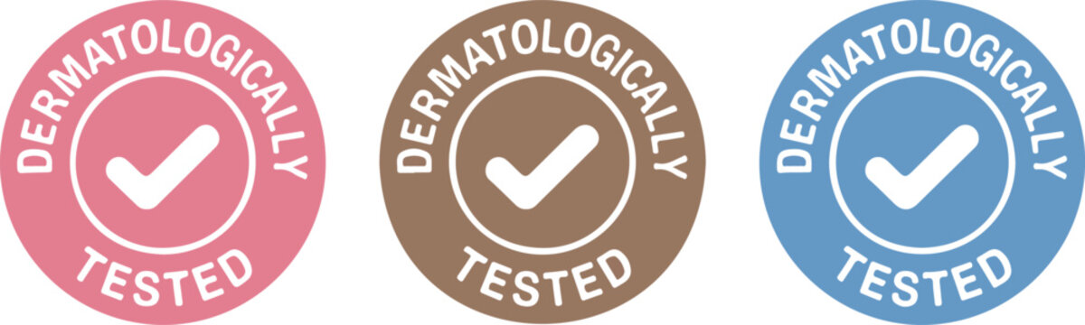 Dermatologically Tested Badge Set with Check Mark Icon, Round Cosmetic Quality Labels, Skincare Product Certification Vector Collection