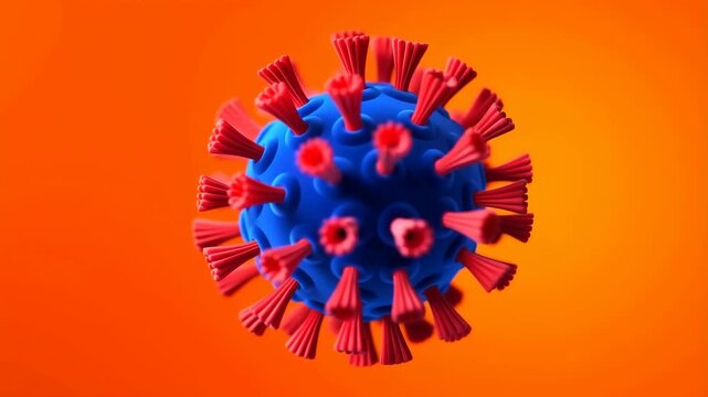 Virus 3D model with blue body and red spikes on orange background. featuring coronavirus, COVID-19, pandemic with disease and health elements for