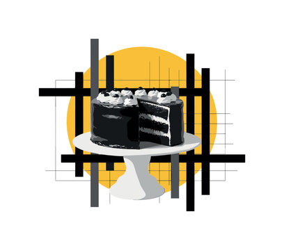 monochrome elegant cake stand with partially sliced rich chocolate cake and cream layers, oversized yellow circular halo and black abstract bars framing