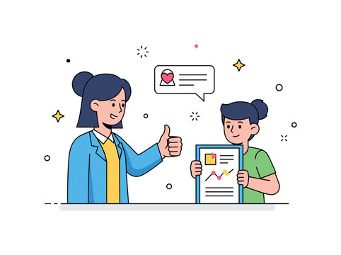 Encouraging gestures in learning environment featuring a teacher giving a thumbs up while a student displays completed work, conveying motivation and