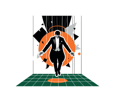 Black and white magician levitating slightly above the stage floor, bright orange circle halo effect and dark green rectangular grids beneath, thin vertical