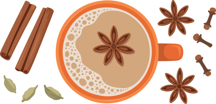 Hot spiced chai tea cup top view with cinnamon sticks star anise and cardamom vector illustration cozy drink concept