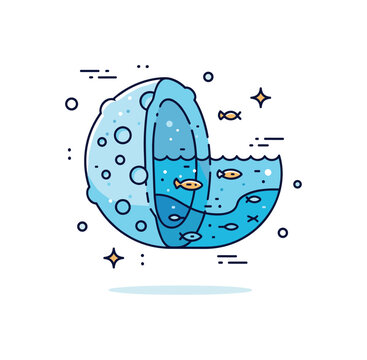 Frozen moon subsurface ocean life concept featuring an icy crust cutaway with a glowing ocean layer beneath and tiny abstract organism shapes, symbolizing