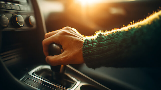 Close up view of a man's hand on a car gear shift stick with natural golden light highlighting the interior, representing travel or commute