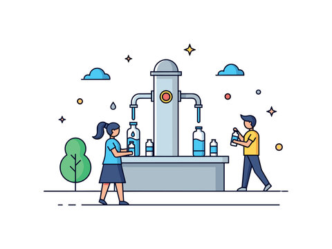 Public fountain providing clean water in an urban park, with people filling bottles and enjoying safe drinking water, highlighting accessibility and community