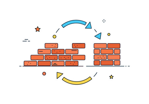 Brick recycling process stack of used bricks transitioning into a newly built wall section connected by circular arrows. A concise visual metaphor