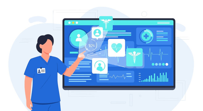 Doctor interacting with futuristic medical data interface on screen, healthcare technology concept
