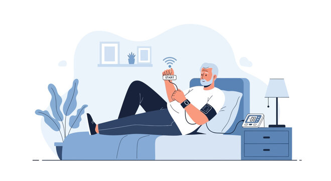 Elderly man using smart health monitor and phone in bed, remote patient monitoring