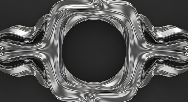 Abstract metallic frame with liquid silver design on dark background