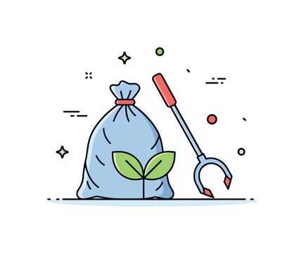 Community clean up initiative showing a simple trash bag and a grabber tool beside a small plant sprout, forming a hopeful environmental badge. The composition
