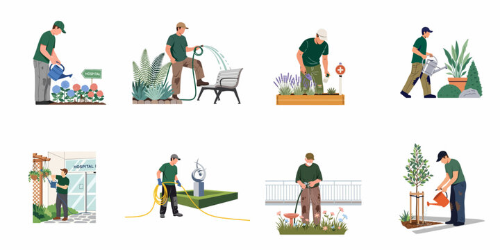 Flat vector illustration set of male gardeners watering and maintaining plants, flowers, and trees in various outdoor and hospital garden settings.