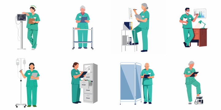 Collection of diverse healthcare professionals in green scrubs performing various medical duties like patient care and record keeping in a clinic setting.