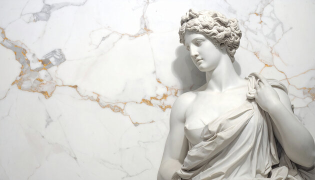 Classical marble statue depicting a female figure against a patterned backdrop