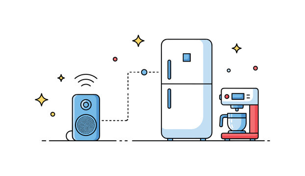Smart kitchen with virtual assistant illustrated by a compact speaker placed beside a minimal fridge and coffee maker icons connected by subtle signal lines.