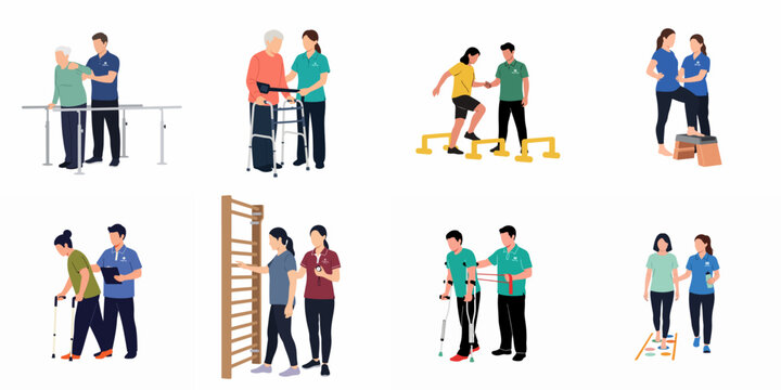 Collection of flat vector illustrations depicting patients of various ages undergoing physical therapy and rehabilitation exercises with professional therapists.