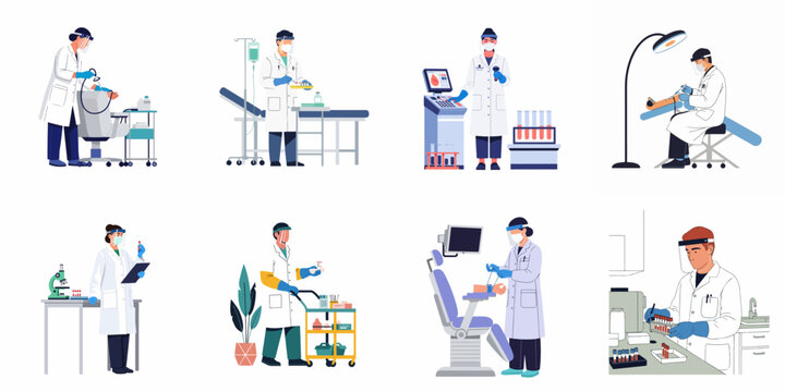Set of medical laboratory professionals in PPE conducting blood tests, analysis, and diagnostic procedures in a clinical setting.