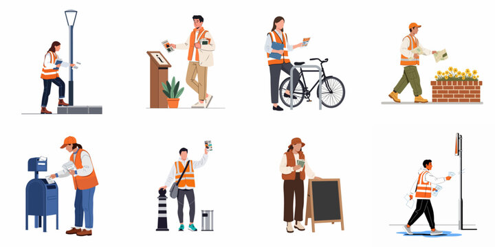 Illustrations of workers in safety vests distributing flyers, mail, and promotional materials in various urban scenarios, isolated on white background.