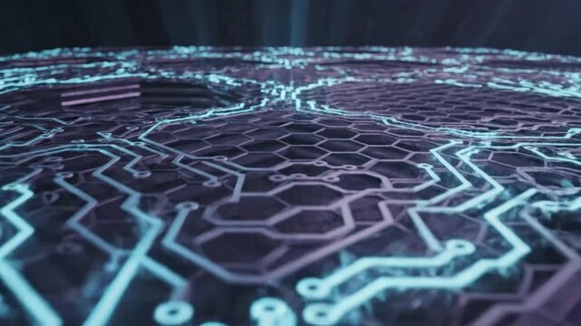 Glowing blue circuit lines on abstract hexagonal digital surface