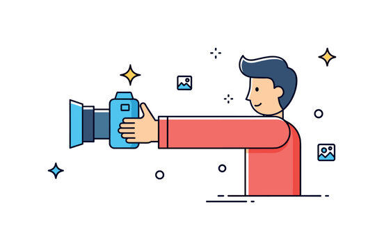 Self portrait photo concept showing a figure extending a camera forward with a small star sparkle near the lens, expressing confidence and modern social