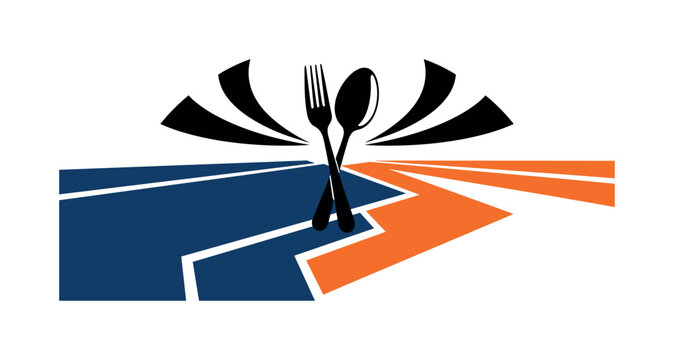 A monochrome silhouette of fork and spoon positioned back-to-back, bold semicircles radiating outward like energy waves, rectangular color blocks intersecting