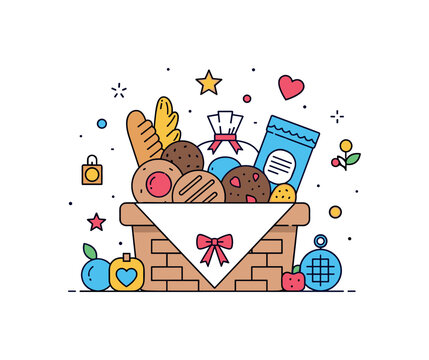 Gift for parents represented by a basket of fresh homemade treats and small trinkets, evoking thoughtfulness and nurturing care. Minimalist flat vector