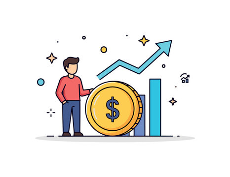 Startup funding announcement founder standing beside a large coin icon and upward arrow chart, subtle spark accents suggesting investor confidence and early