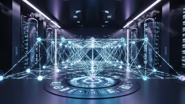 Futuristic data center with glowing network connection nodes and supercomputer technology for advanced computing and scientific simulations