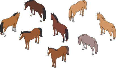 Obraz premium Isometric horse illustrations set different poses and colors farm animals equine collection vector illustration design for agriculture and ranch themes