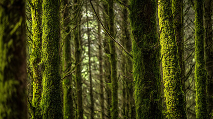 Fototapeta premium Vibrant green moss adorns ancient tree trunks in a dense, mystical forest, highlighting nature's intricate textures and serene beauty, a timeless woodland scene