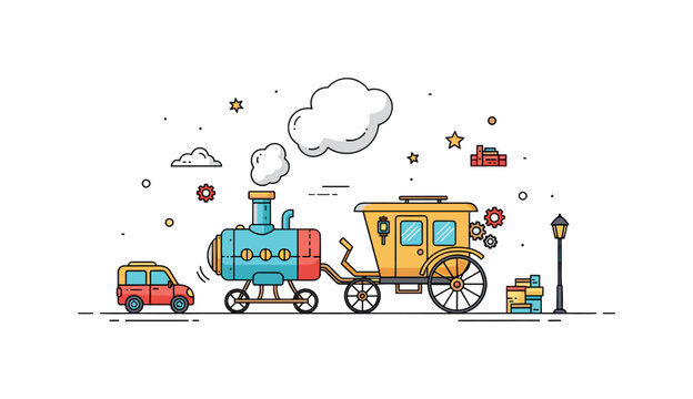 Steam-powered vehicles illustrated with a compact steampunk carriage on city streets with small gears and pipes, emphasizing retro-futuristic travel and