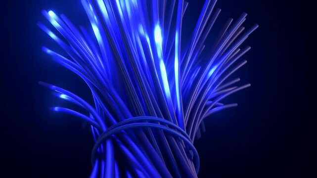 Fiber optic cable bundle with blue glowing strands and lighted ends featuring optical fibers, telecommunications, data transmission with network and