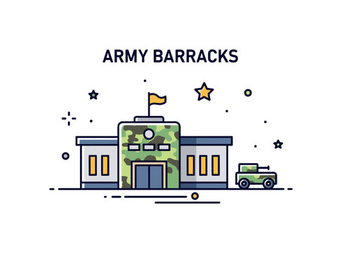 Army barracks facility concept showing a low building with a subtle camouflage pattern accent and a small vehicle icon nearby, representing daily military life