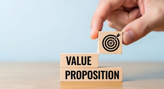 A hand placing a wooden block labeled value proposition onto a target board