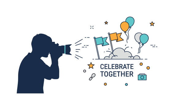 Parade snapshot concept featuring a photographer silhouette with a camera aimed at simple flag and balloon shapes in motion. A short ?Celebrate Together? text