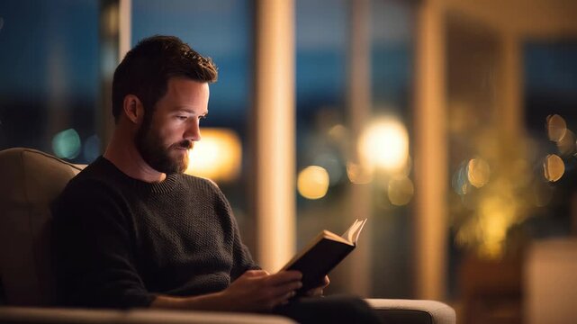 A bearded man sits comfortably in a modern living room, deeply engrossed in reading a book under warm evening lighting. The cozy atmosphere highlights relaxation and mindfulness