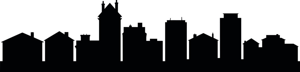 Fototapeta premium Residential urban skyline silhouette with houses and buildings isolated on white background, neighborhood cityscape illustration for architecture and design projects
