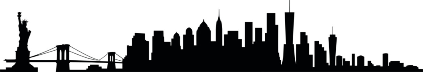 Obraz premium New York City skyline silhouette panorama featuring Statue of Liberty, bridges, and skyscrapers isolated on white background vector illustration
