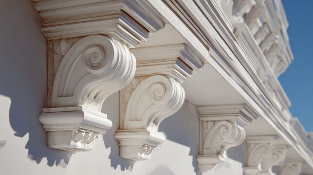 White classical architectural corbels with ornate scroll patterns support a balcony under a bright blue sky on a sunny day.