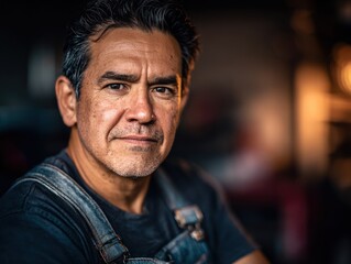 Fototapeta premium A medium shot of a 50-year-old Hispanic male mechanic with tan skin wearing denim overalls in a blurred automotive garage.